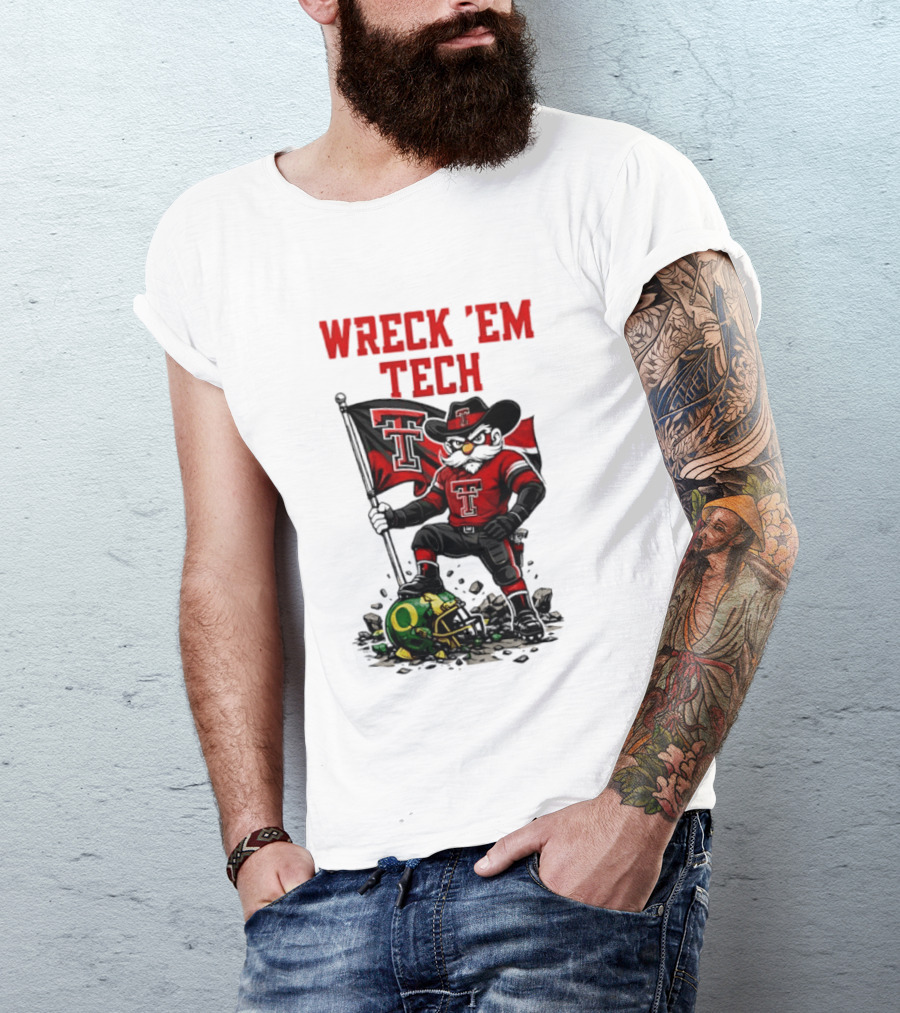 Wreck 'Em Tech Texas Tech Red Raiders Raider Red Flag And Helmet T-Shirt