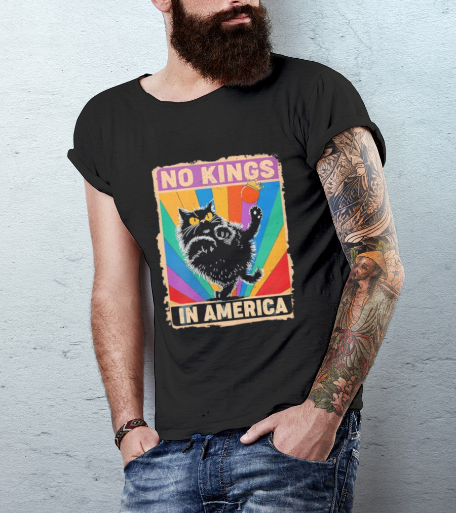 No Kings In America Black Cat Anti Trump Rainbow Kingslayer T-Shirt