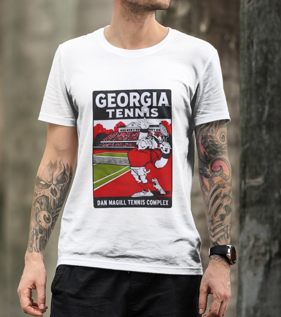 Georgia Tennis Dan Magill Tennis Complex Cartoon Character Court Scene T-Shirt