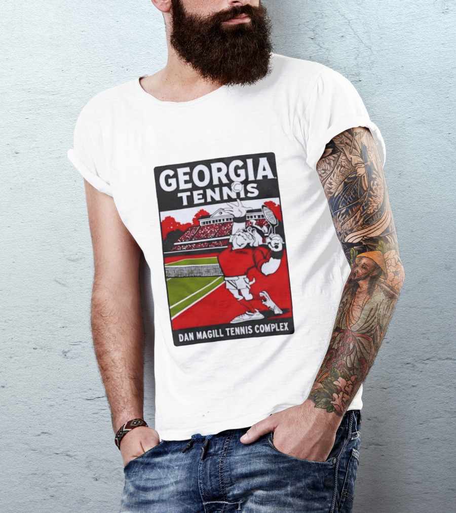 Georgia Tennis Dan Magill Tennis Complex Cartoon Character Court Scene T-Shirt