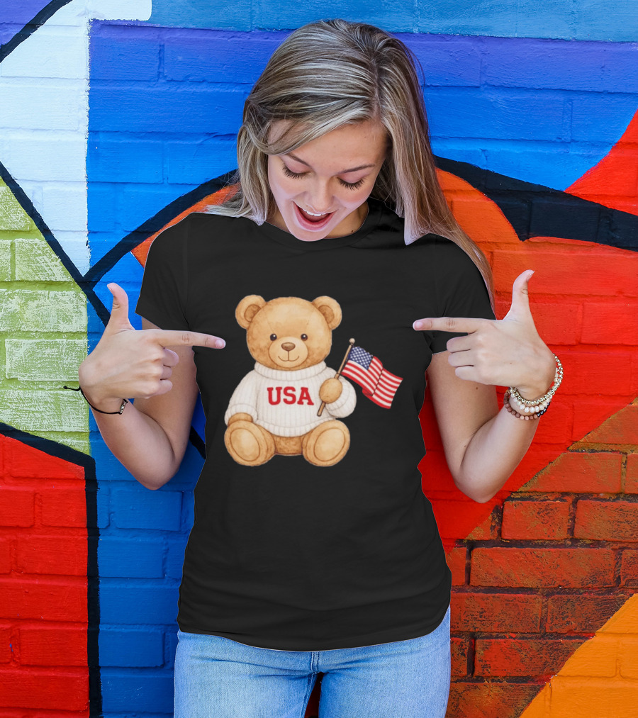 USA Teddy Bear Holding American Flag T-Shirt