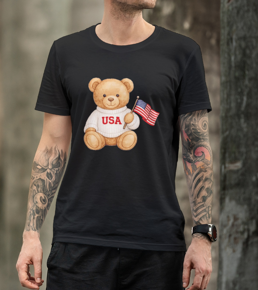 USA Teddy Bear Holding American Flag T-Shirt