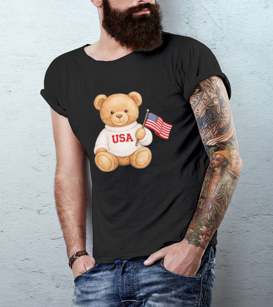 USA Teddy Bear Holding American Flag T-Shirt