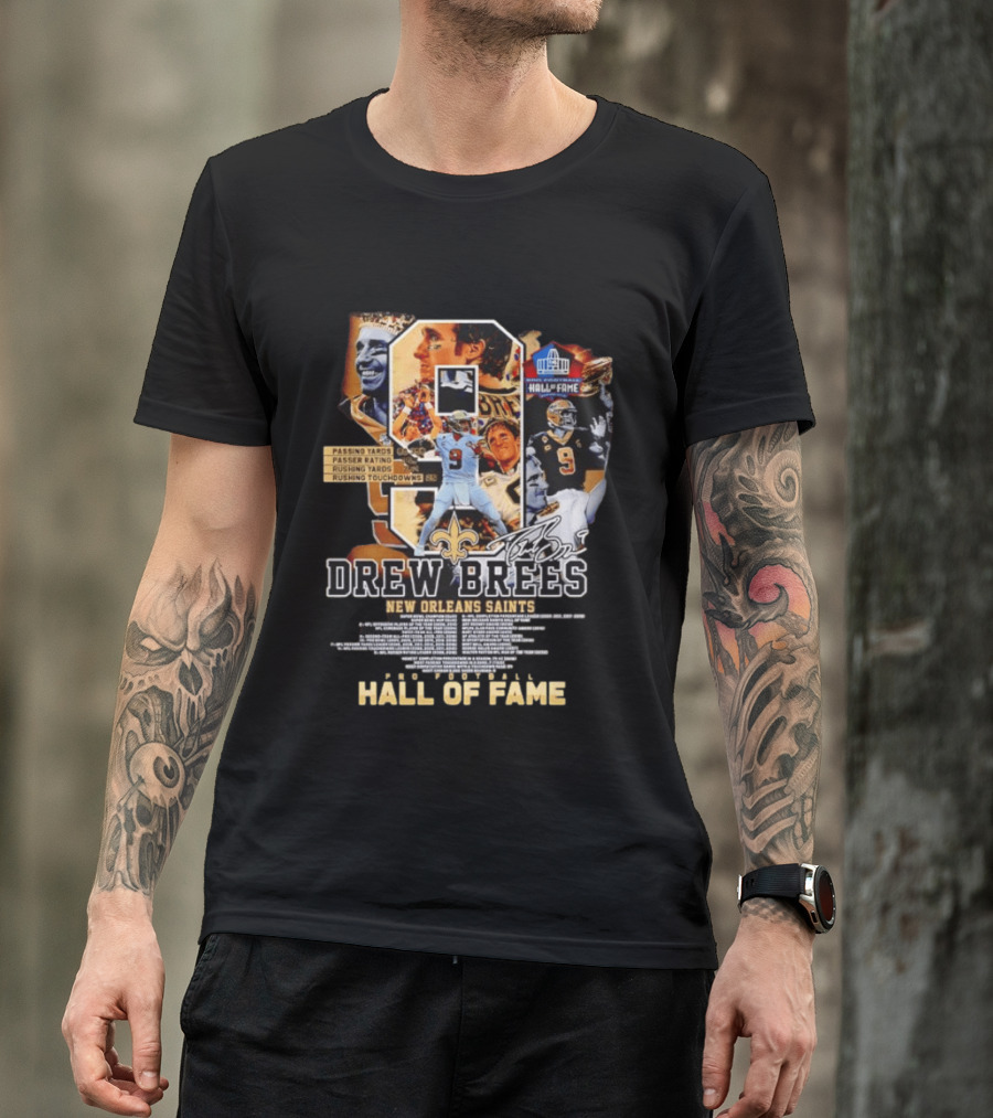 Drew Brees New Orleans Saints Hall Of Fame Passing Yards Touchdowns Memories T-Shirt