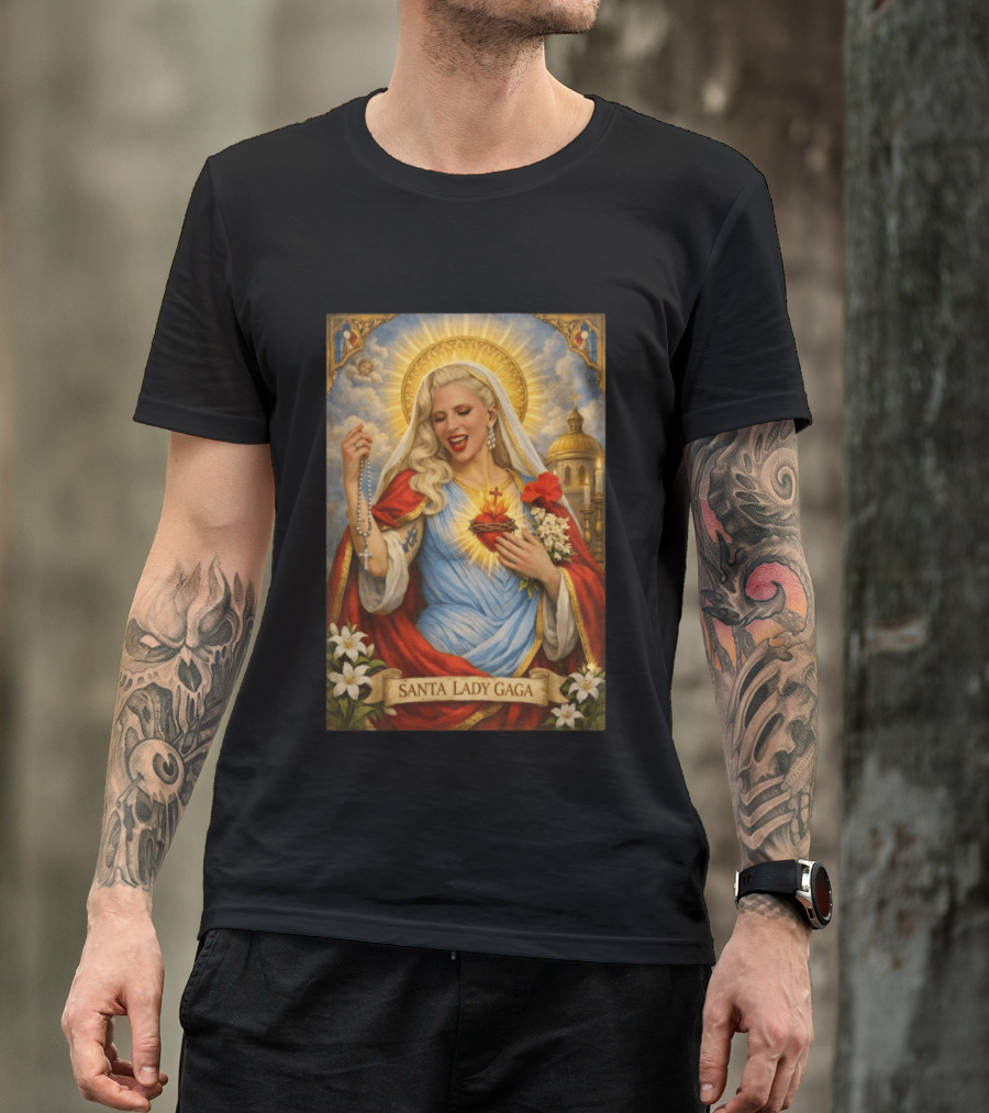 Santa Lady Gaga Sacred Heart Imagery With Rosary And Golden Halo T-Shirt