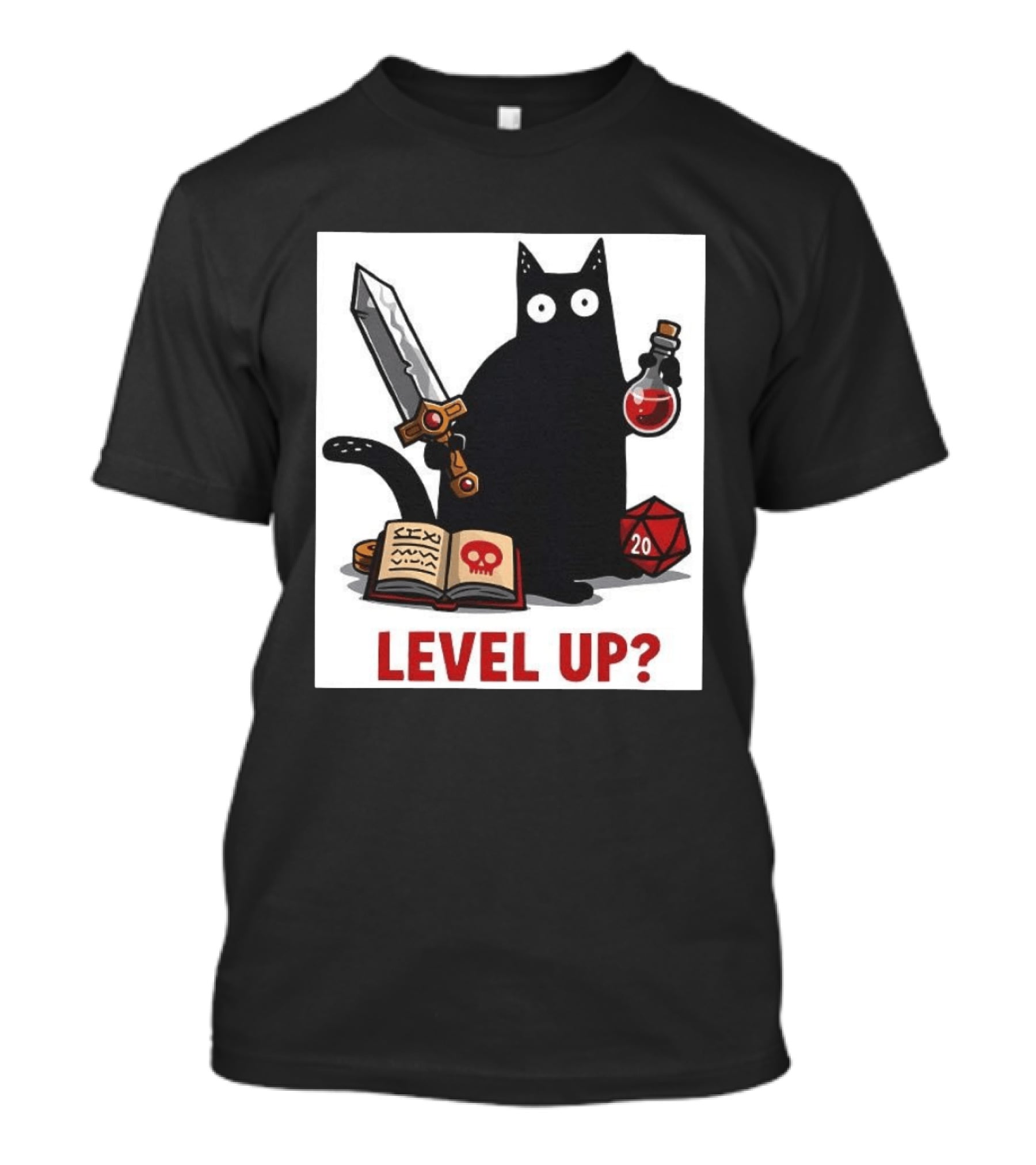 Black Cat Level Up Sword Potion D20 Dice Book Dungeons And Dragons T-Shirt