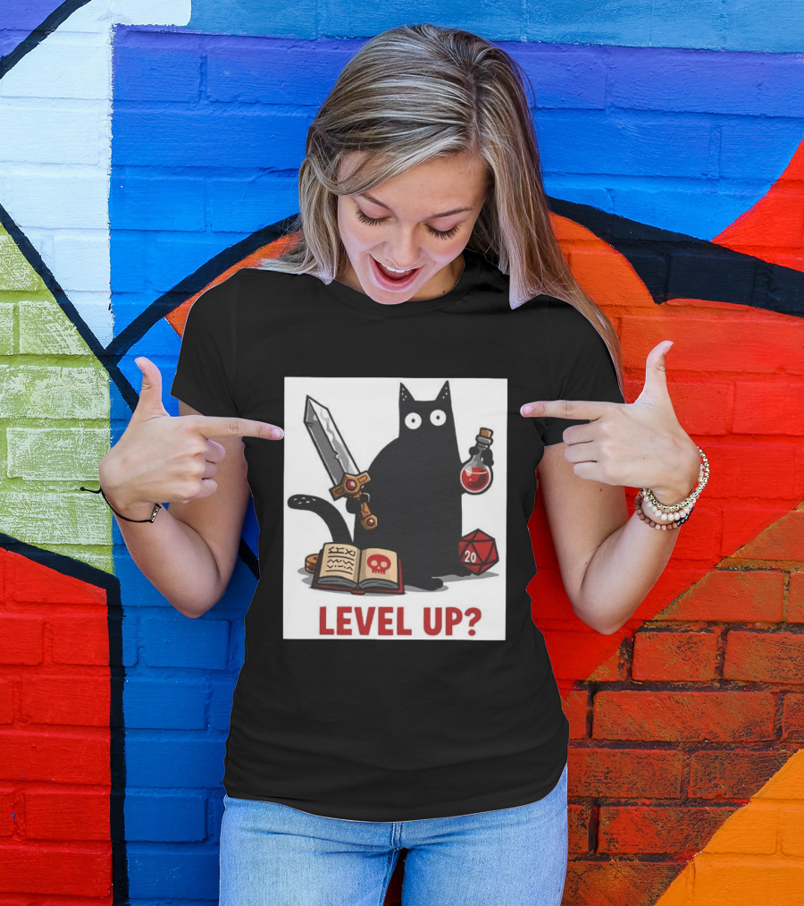Black Cat Level Up Sword Potion D20 Dice Book Dungeons And Dragons T-Shirt
