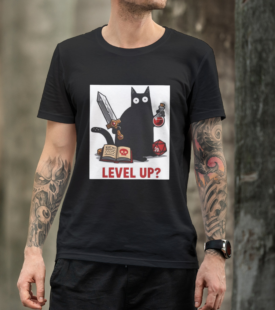 Black Cat Level Up Sword Potion D20 Dice Book Dungeons And Dragons T-Shirt