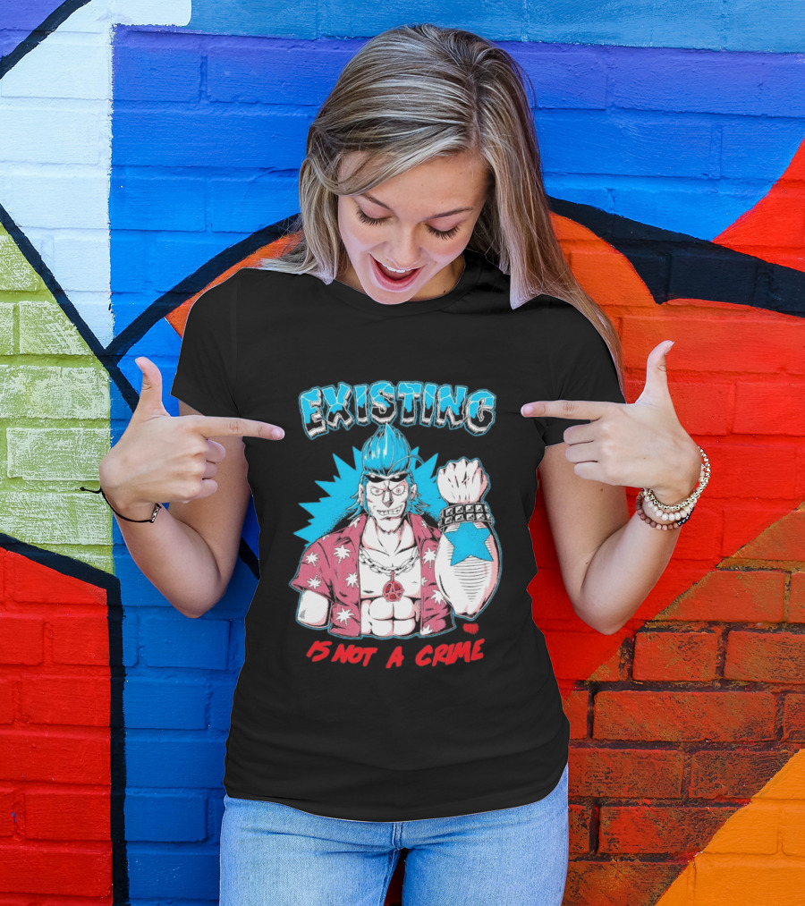 EXISTING IS NOT A CRIME Anime Punk Character Blue Hair Star Tattoo T-Shirt