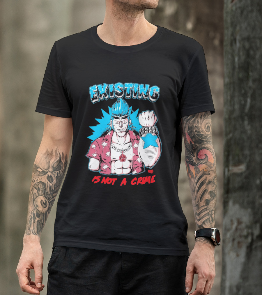 EXISTING IS NOT A CRIME Anime Punk Character Blue Hair Star Tattoo T-Shirt
