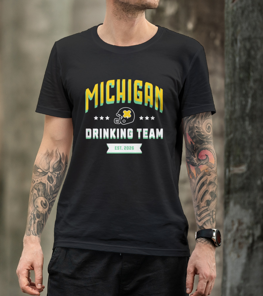 Michigan Wolverines Drinking Team St Patrick's Day Est 2026 Football Helmet Four Leaf Clover T-Shirt
