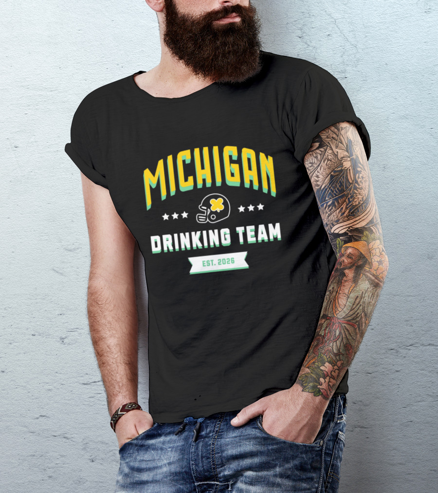 Michigan Wolverines Drinking Team St Patrick's Day Est 2026 Football Helmet Four Leaf Clover T-Shirt