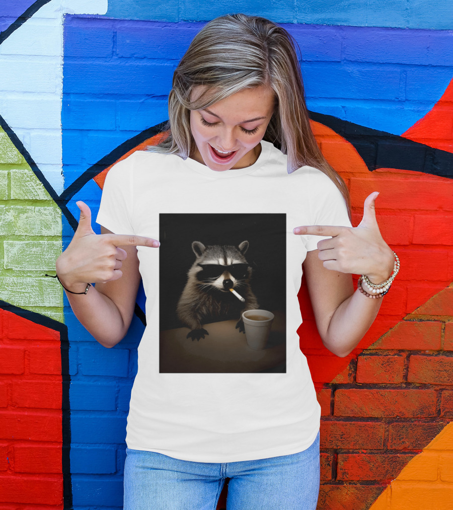 Raccoon Drinking Coffee Smoking Cigarette Wearing Sunglasses T-Shirt