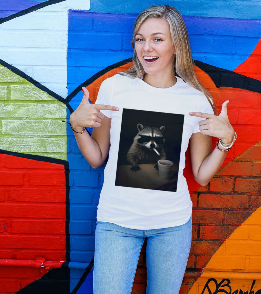 Raccoon Drinking Coffee Smoking Cigarette Wearing Sunglasses T-Shirt