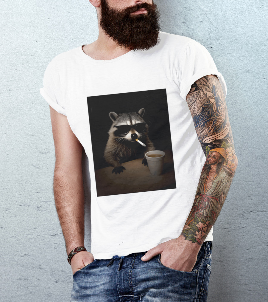 Raccoon Drinking Coffee Smoking Cigarette Wearing Sunglasses T-Shirt