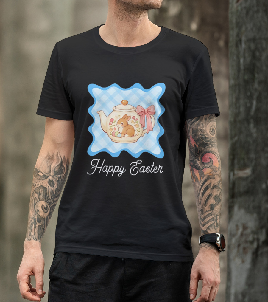 Happy Easter Bunny Teapot With Floral Blue Gingham And Pink Bow T-Shirt