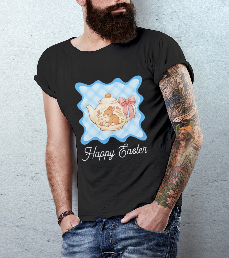 Happy Easter Bunny Teapot With Floral Blue Gingham And Pink Bow T-Shirt