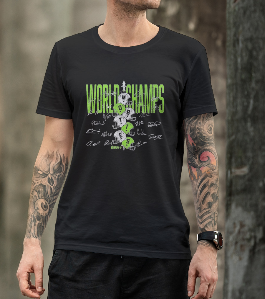 World Champs Seattle Football Helmet Stack Signatures T-Shirt