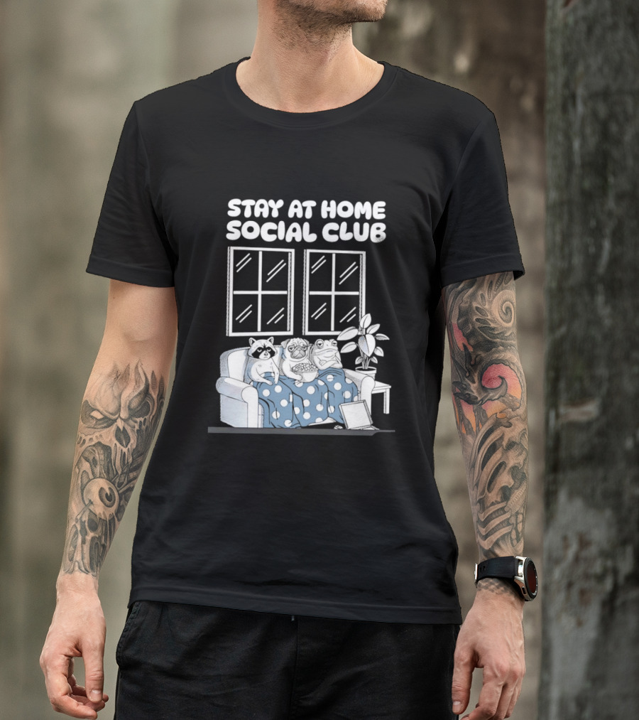 Stay At Home Social Club Raccoon Pug Frog Sofa Window Plant Scene T-Shirt