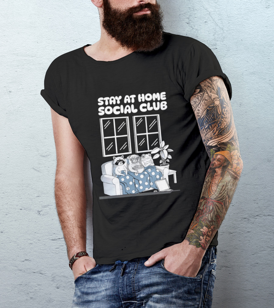 Stay At Home Social Club Raccoon Pug Frog Sofa Window Plant Scene T-Shirt