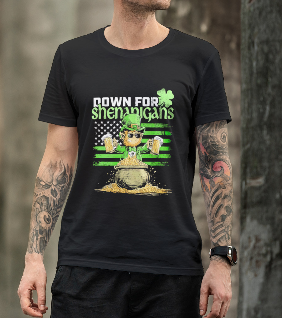 Down For Shenanigans Leprechaun With Beers And Clover American Flag T-Shirt