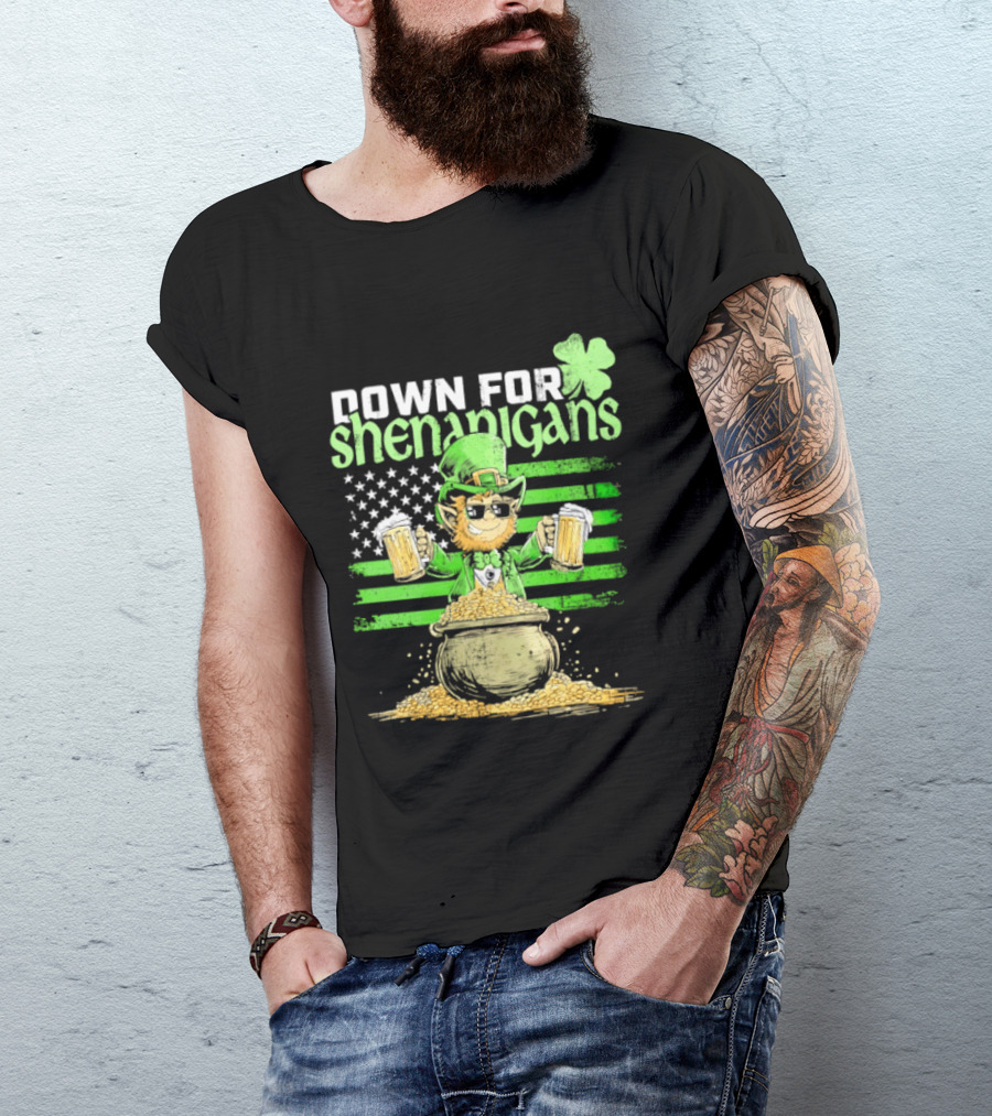 Down For Shenanigans Leprechaun With Beers And Clover American Flag T-Shirt