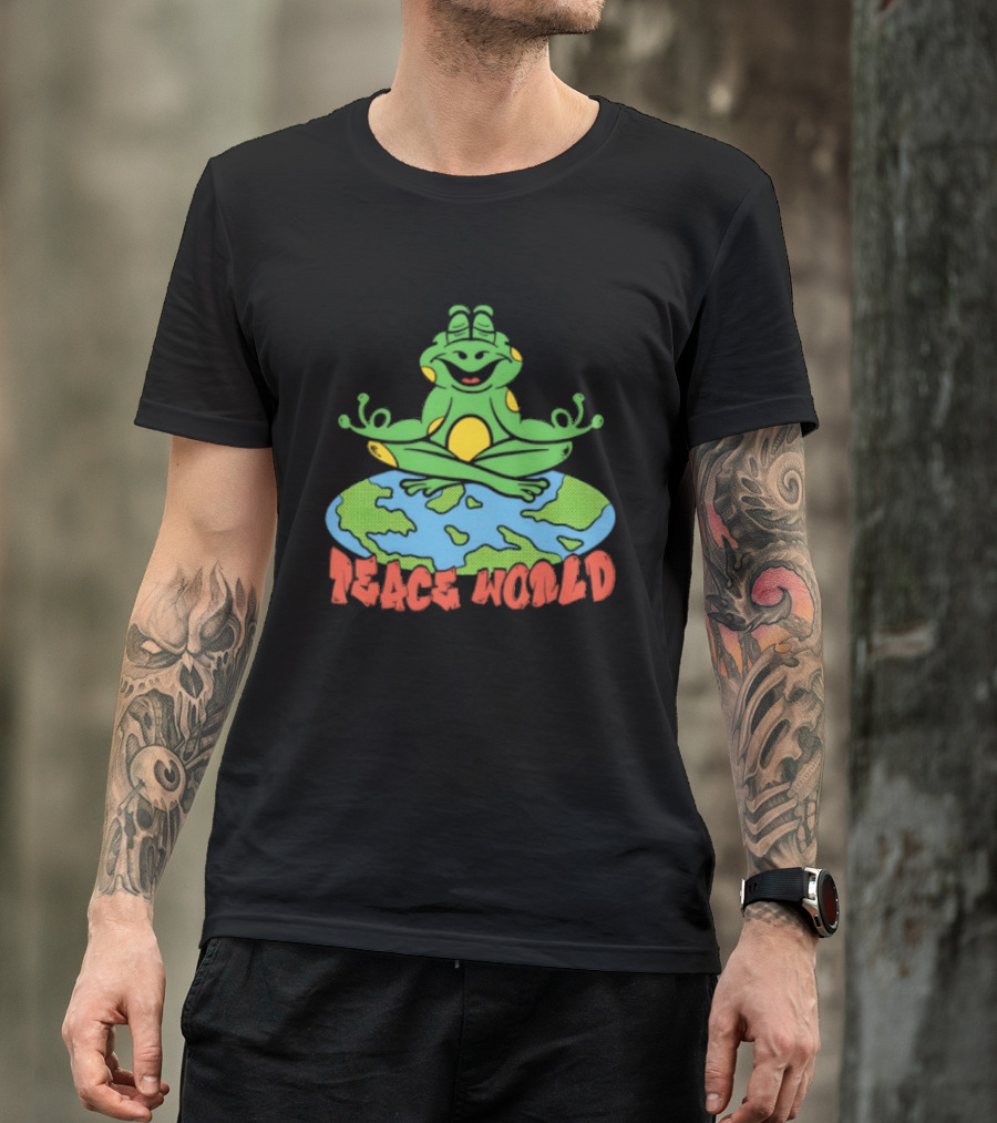 Meditating Frog Sitting On Planet Earth Peace World T-Shirt