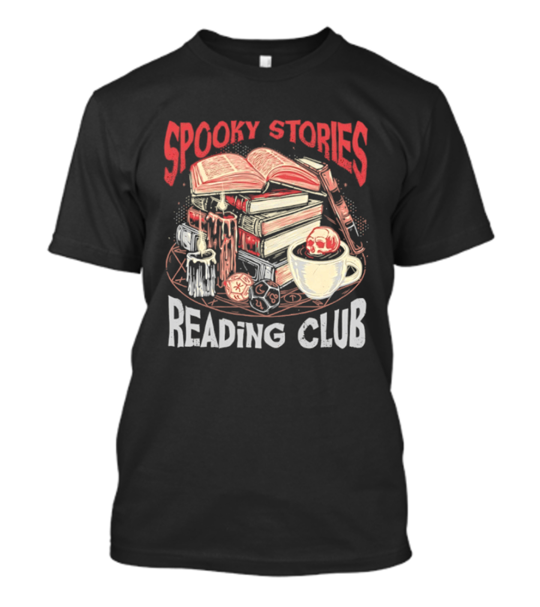Spooky Stories Reading Club Books Candles Skulls And Cup T-Shirt