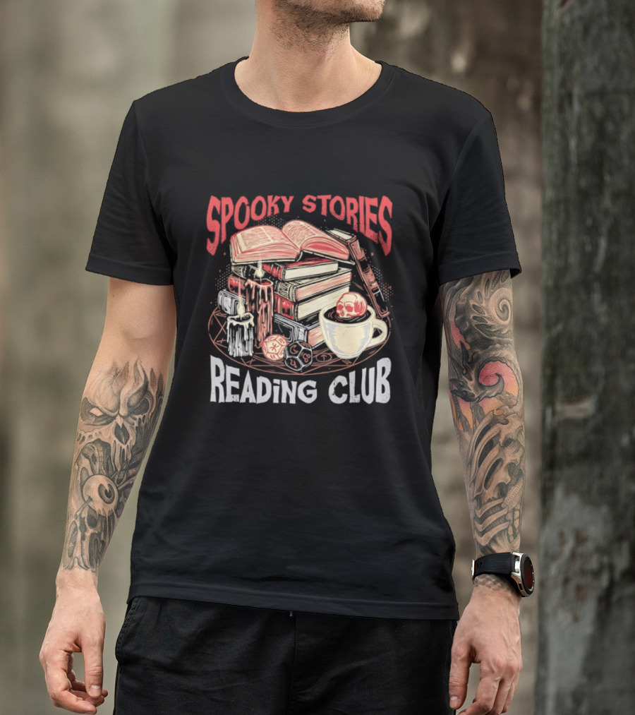 Spooky Stories Reading Club Books Candles Skulls And Cup T-Shirt