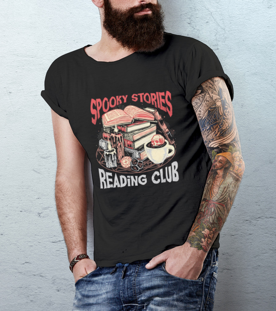 Spooky Stories Reading Club Books Candles Skulls And Cup T-Shirt