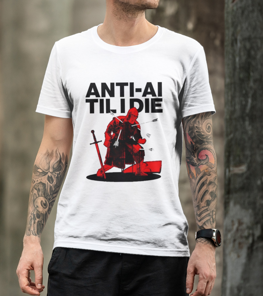 ANTI AI TIL I DIE Medieval Warrior Kneeling With Sword And Arrows T-Shirt
