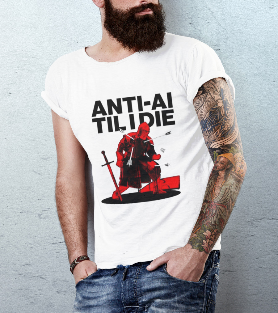 ANTI AI TIL I DIE Medieval Warrior Kneeling With Sword And Arrows T-Shirt
