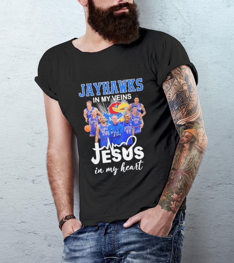 Jayhawks In My Veins Jesus In My Heart Kansas Basketball Coach Bill Self Players T-Shirt