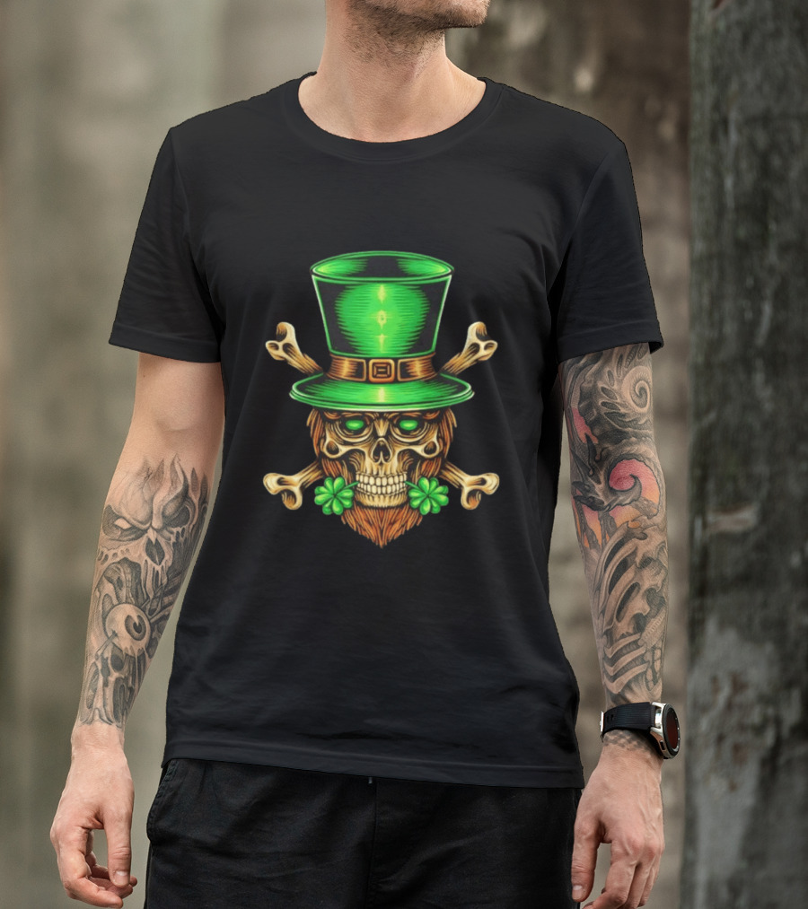 Leprechaun Irish Skull Clover Crossbones Green Top Hat St Patrick's Day T-Shirt
