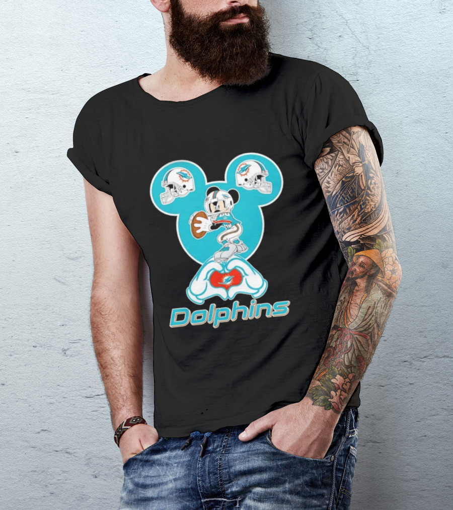 Miami Dolphins Mickey Mouse Heart Hands Football Helmets T-Shirt