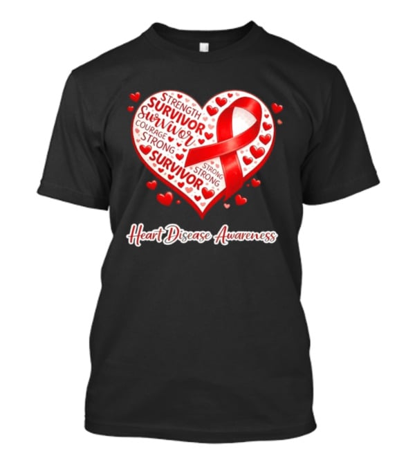 Survivor Strength Courage Strong Heart Disease Awareness Red Ribbon T-Shirt