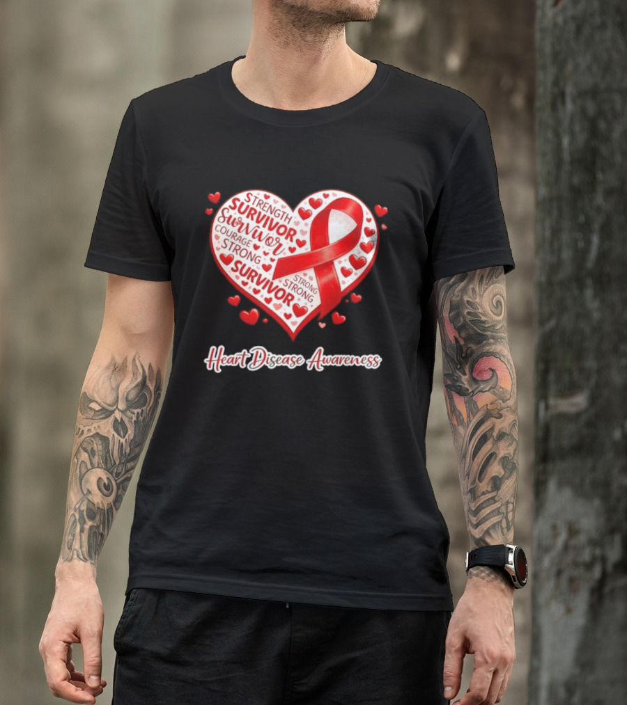 Survivor Strength Courage Strong Heart Disease Awareness Red Ribbon T-Shirt