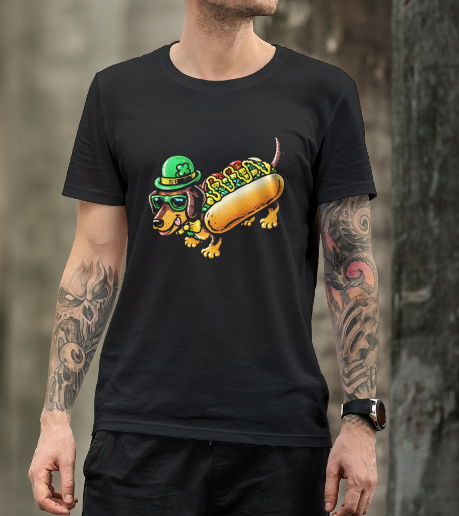 St Patricks Day Chicago Hot Dog Wearing Irish Hat And Glasses T-Shirt