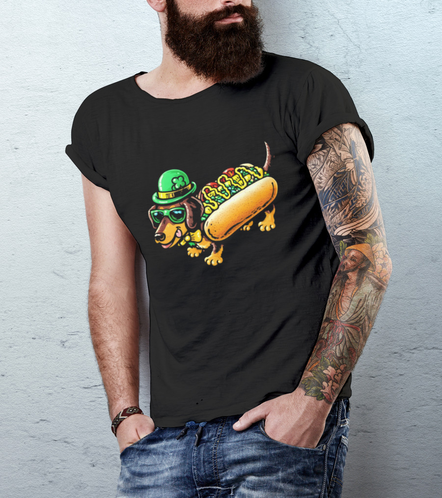 St Patricks Day Chicago Hot Dog Wearing Irish Hat And Glasses T-Shirt