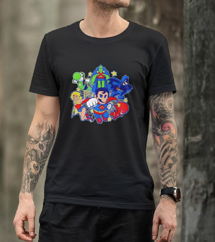 Justice League Mario Bros Crossover With Yoshi Batman Flash Wonder Woman Martian Manhunter T-Shirt