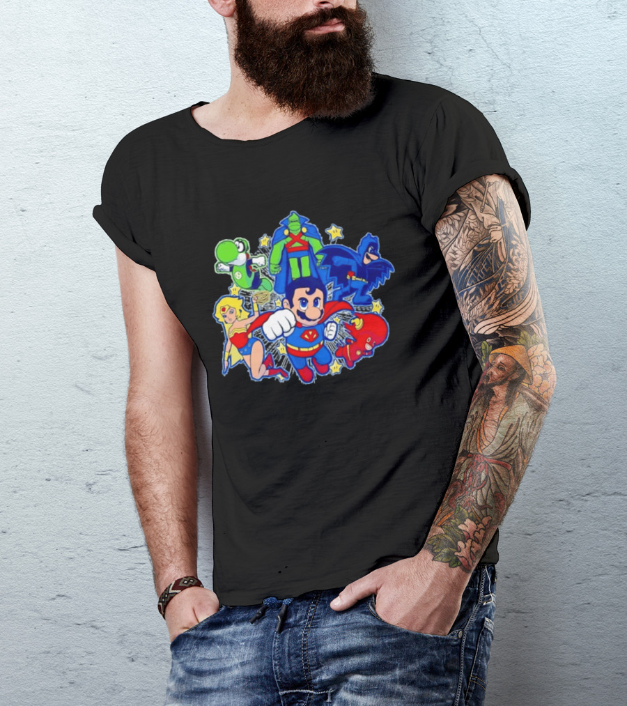Justice League Mario Bros Crossover With Yoshi Batman Flash Wonder Woman Martian Manhunter T-Shirt