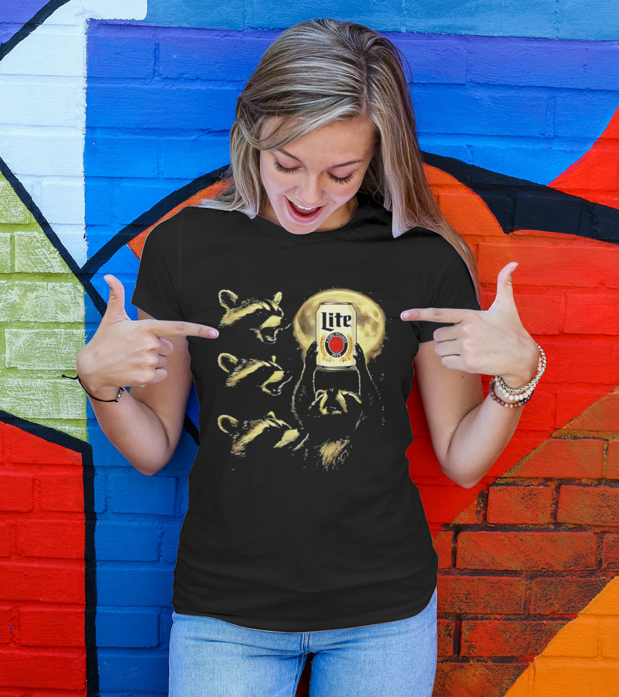 Moon Raccoon Lite Beer Can In Full Moonlight T-Shirt