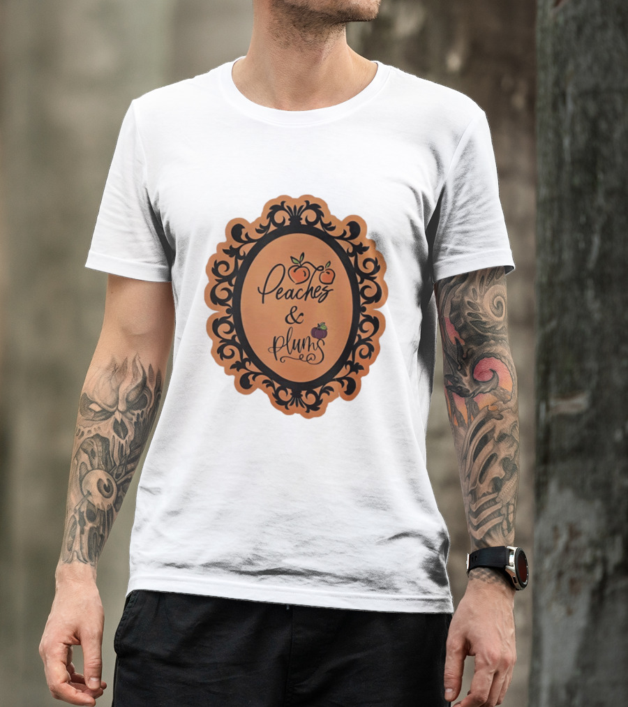 Peaches And Plums Ornate Black Floral Oval Frame T-Shirt