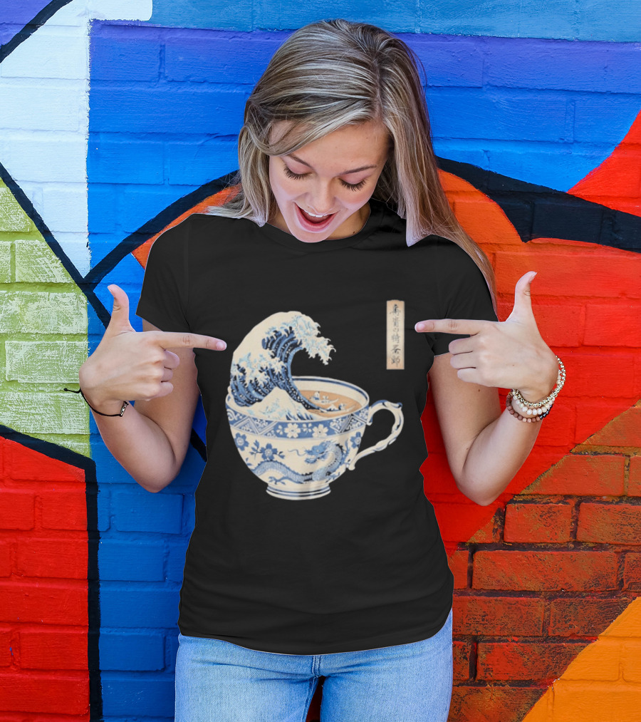 The Great Kanagawa Tea Cup Ukiyo E Wave Meets Dragon Porcelain T-Shirt