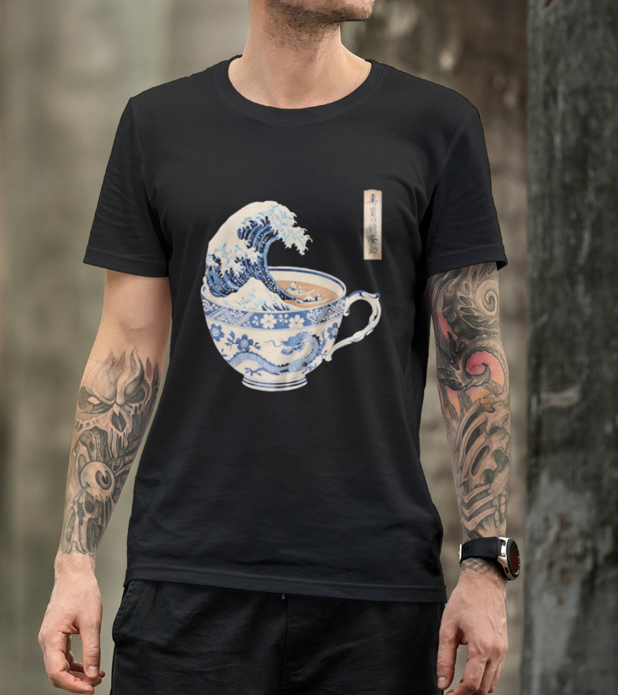 The Great Kanagawa Tea Cup Ukiyo E Wave Meets Dragon Porcelain T-Shirt