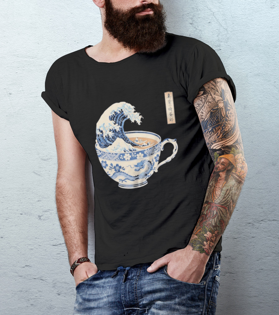 The Great Kanagawa Tea Cup Ukiyo E Wave Meets Dragon Porcelain T-Shirt