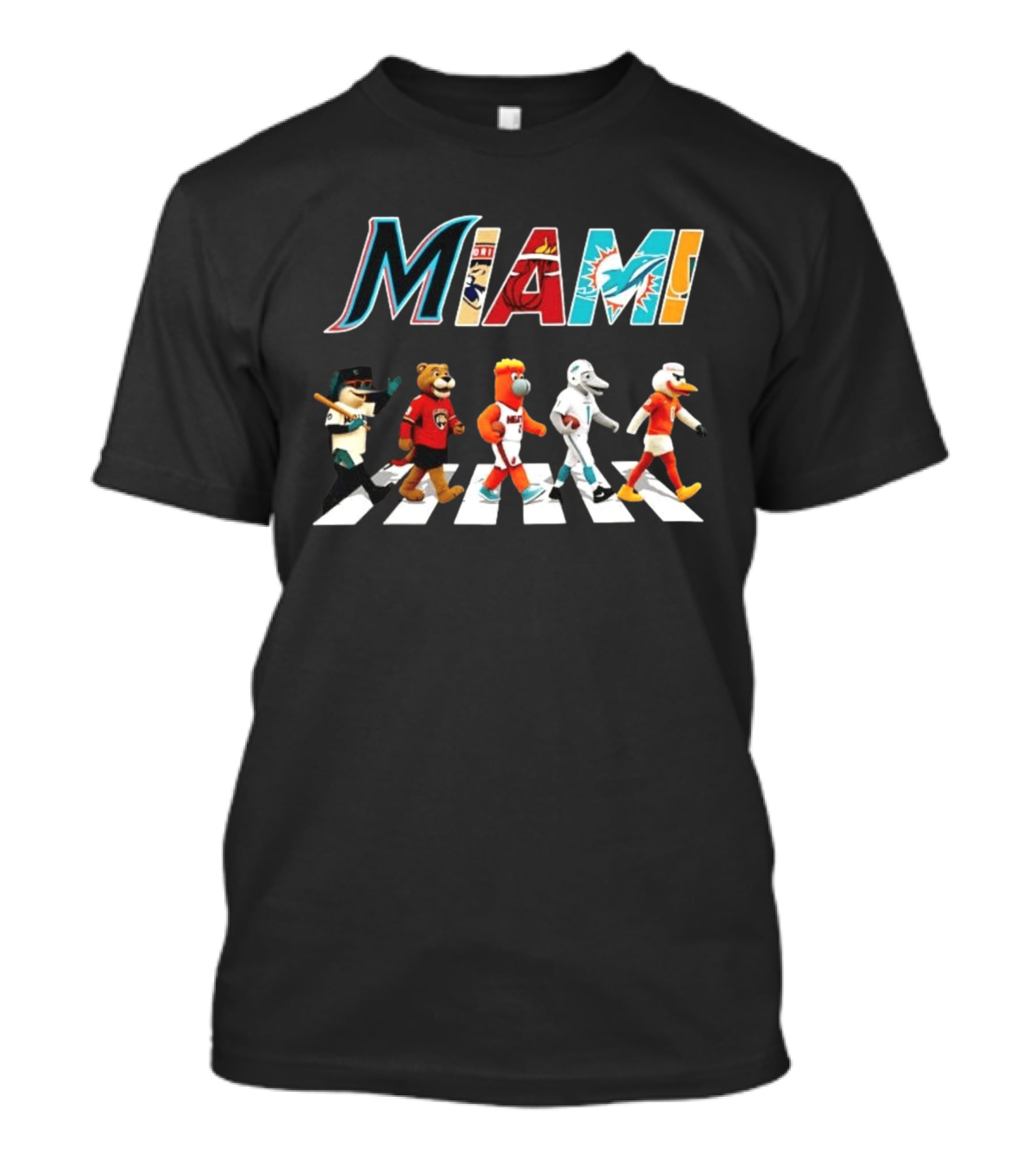Miami Marlins Panthers Heat Dolphins Hurricanes Mascots Crosswalk T-Shirt