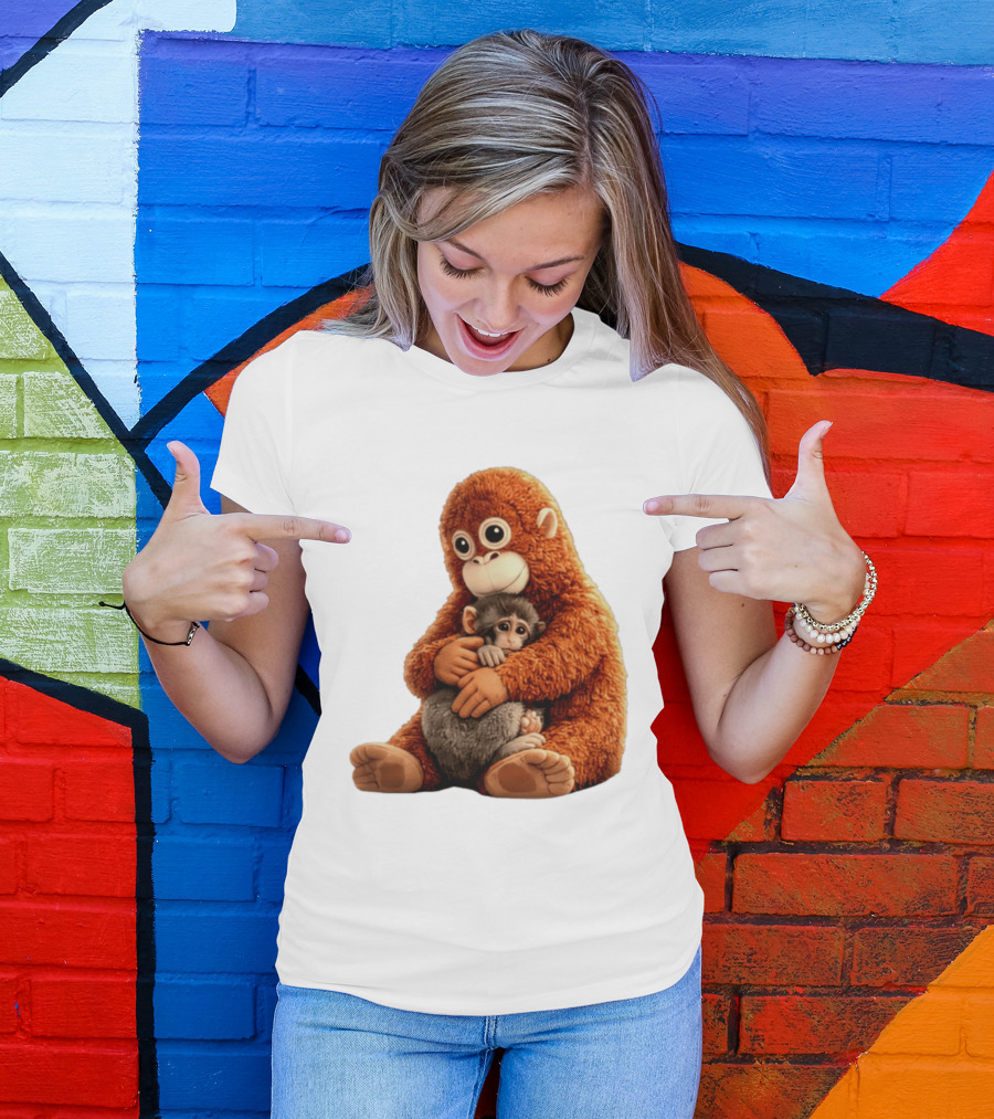 Punch Monkey Hugging Plush Baby Monkey T-Shirt