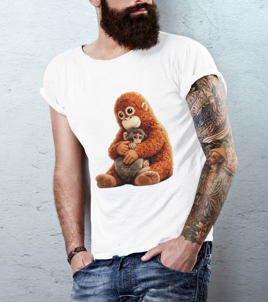 Punch Monkey Hugging Plush Baby Monkey T-Shirt