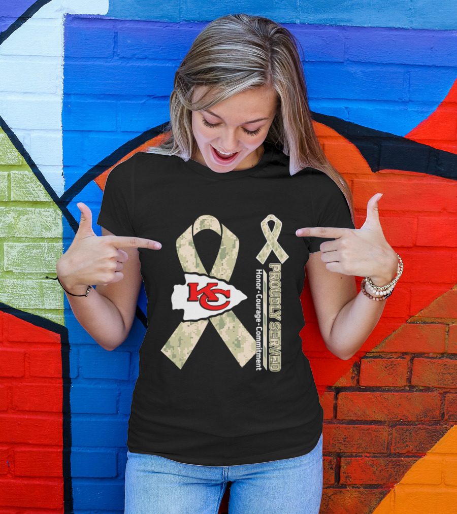 Kansas City Chiefs Military Support Honor Courage Commitment Kansas Camo Ribbon T-Shirt
